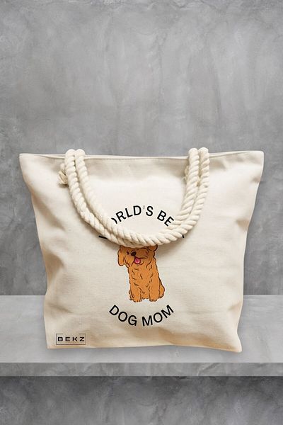 BEKZ Geanta de plaja, model World’s best dog mom, 40x51 cm, Crem, BEKZ®