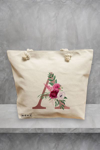 BEKZ Geanta de plaja, Cu litera A Rose Gold si Trandafiri, 40x51 cm, Crem, BEKZ®