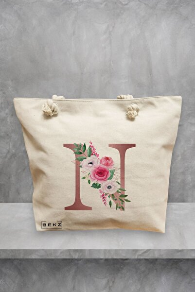 BEKZ Τσάντα θαλάσσης, με το γράμμα N Rose Gold και τριαντάφυλλα, 40x51 εκ., Κ...