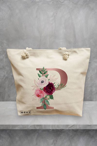 BEKZ Geanta de plaja, Cu litera P Rose Gold si Trandafiri, 40x51 cm, Crem, BEKZ®