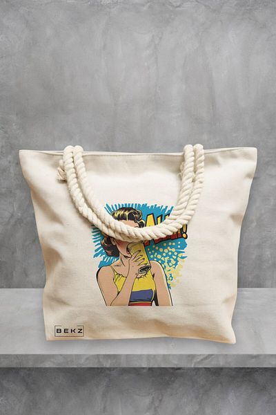 BEKZ Geanta de plaja, model Sip and Style 2, 40x51 cm, Crem, BEKZ®