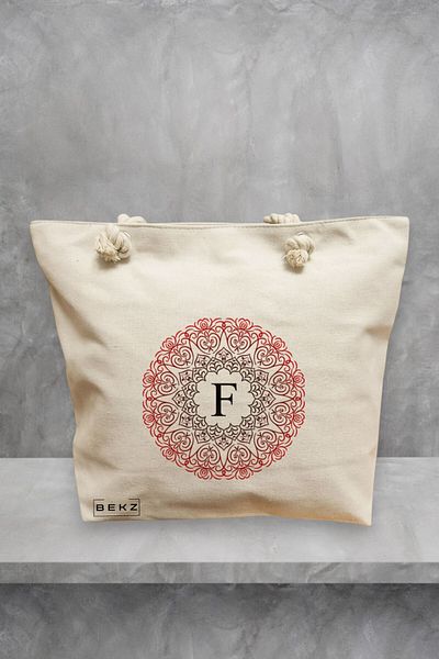 BEKZ Geanta de plaja, Cu litera F si Mandala, 40x51 cm, Crem, BEKZ®