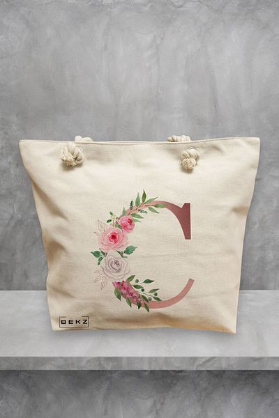 BEKZ Geanta de plaja, Cu litera C Rose Gold si Trandafiri, 40x51 cm, Crem, BEKZ®