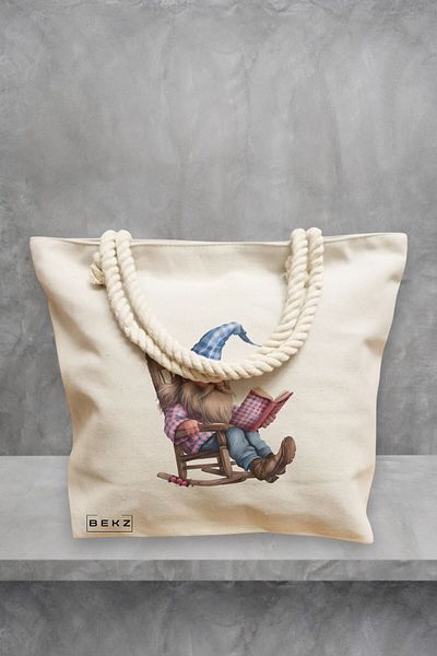 BEKZ Geanta de plaja, model The Bookish Gnome 7, 40x51 cm, Crem, BEKZ®