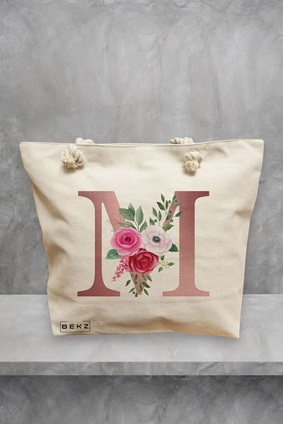 BEKZ Geanta de plaja, Cu litera M Rose Gold si Trandafiri, 40x51 cm, Crem, BEKZ®
