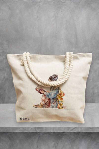 BEKZ Geanta de plaja, model The bookie girl 33, 40x51 cm, Crem, BEKZ®