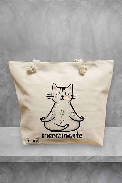 BEKZ Geanta de plaja Yoga Meowmaste, 40x51 cm, Bej, BEKZ®
