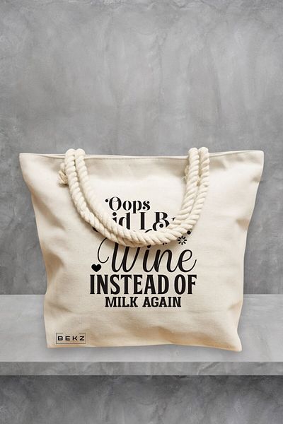 BEKZ Geanta de plaja, model Opps Did I buy wine instead of milk again?, 40x51 cm, Crem, BEKZ®