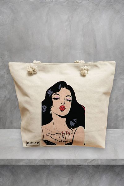 BEKZ Geanta de plaja, model Stylish Girl, 40x51 cm, Crem, BEKZ®