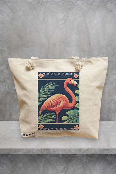 BEKZ Geanta de plaja, model Flamingo Paint, 40x51 cm, Crem, BEKZ®