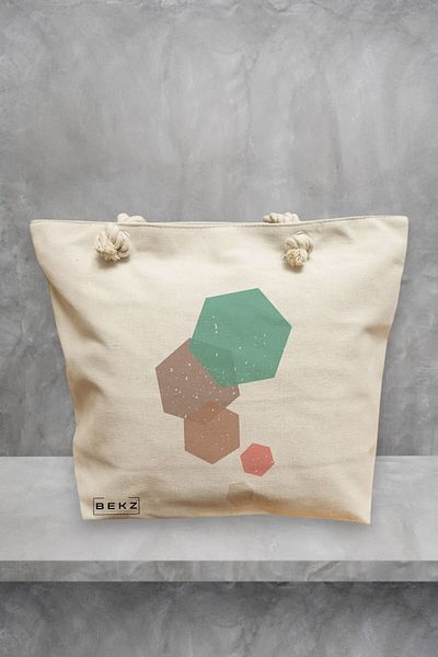 BEKZ Geanta de plaja, model Hexagons, 40x51 cm, Crem, BEKZ®