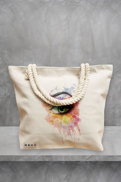 BEKZ Geanta de plaja, model Eye Art Pattern, 40x51 cm, Crem, BEKZ®