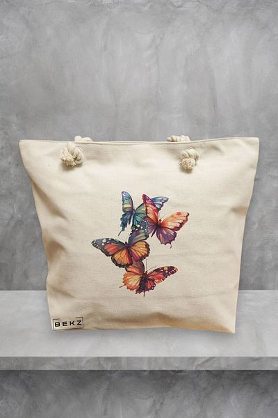 BEKZ Geanta de plaja, model Artistic butterflies, 40x51 cm, Crem, BEKZ®