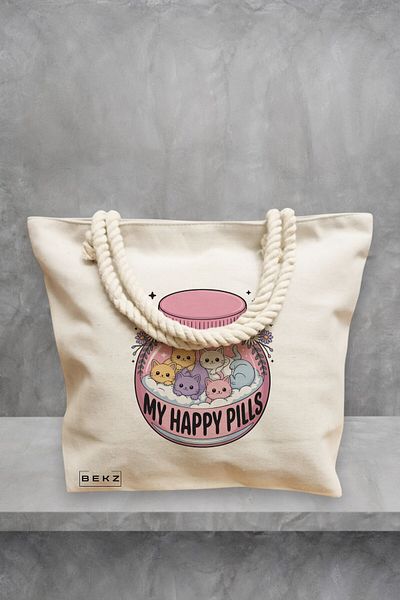 BEKZ Geanta de plaja, model My happy pills, 40x51 cm, Crem, BEKZ®