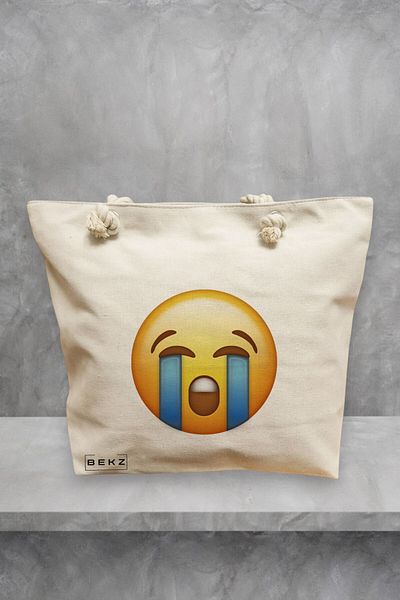 BEKZ Geanta de plaja, model Crying Emoji, 40x51 cm, Crem, BEKZ®