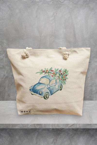 BEKZ Geanta de plaja, model Watercolor Car, 40x51 cm, Crem, BEKZ®