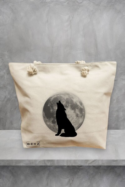 BEKZ Τσάντα θαλάσσης, σχέδιο Λύκος και Φεγγάρι, 40x51 εκ., Κρεμ, BEKZ®