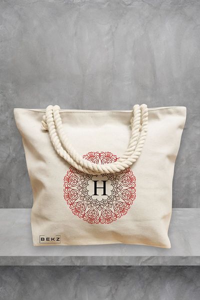 BEKZ Geanta de plaja, Cu litera H si Mandala, 40x51 cm, Crem, BEKZ®