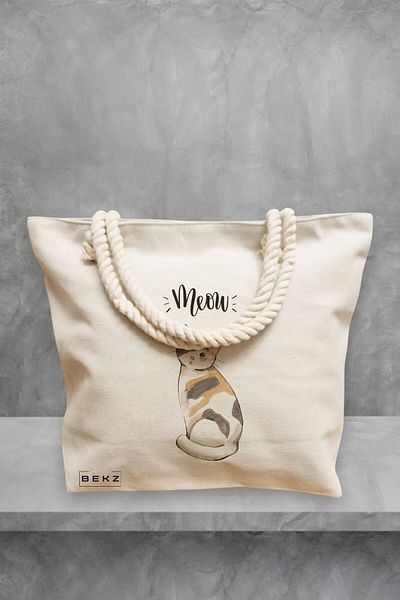 BEKZ Geanta de plaja, model Meow 2, 40x51 cm, Crem, BEKZ®
