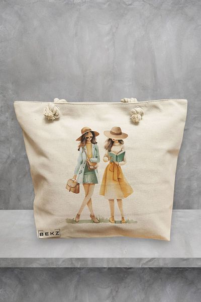 BEKZ Geanta de plaja, model The bookie girl 29, 40x51 cm, Crem, BEKZ®