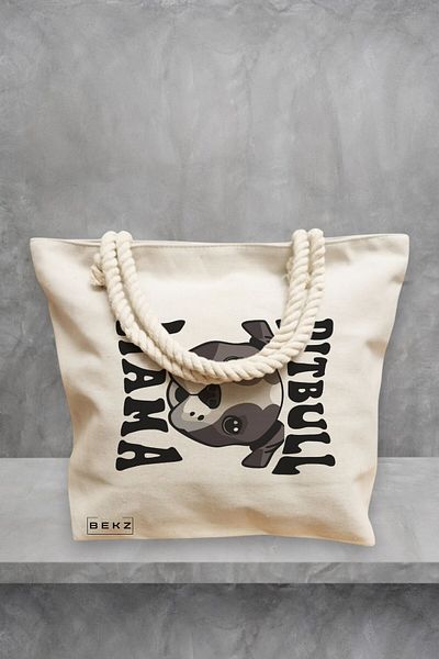 BEKZ Geanta de plaja, model Pitbull Mama, 40x51 cm, Crem, BEKZ®