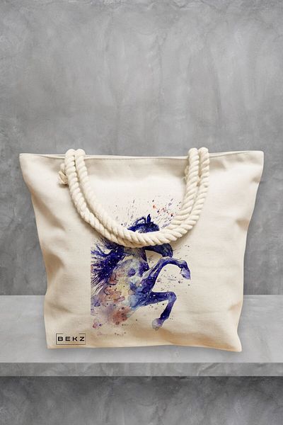 BEKZ Geanta de plaja, model Watercolor Horse, 40x51 cm, Crem, BEKZ®