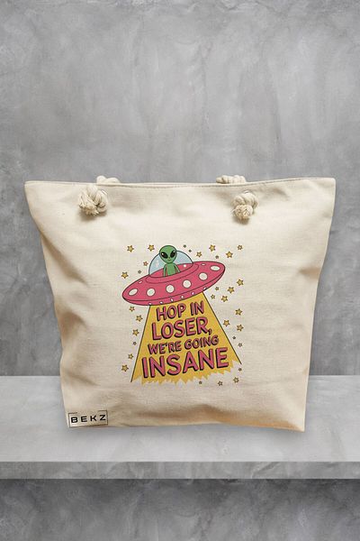 BEKZ Geanta de plaja, model Ufo life, 40x51 cm, Crem, BEKZ®