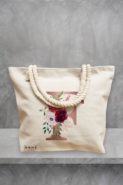 BEKZ Geanta de plaja, Cu litera F Rose Gold si Trandafiri, 40x51 cm, Crem, BEKZ®