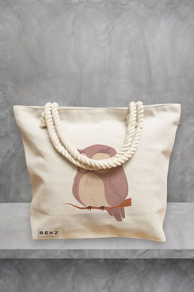 BEKZ Geanta de plaja, model Cute Owl, 40x51 cm, Crem, BEKZ®