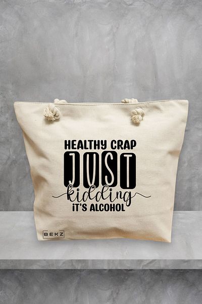 BEKZ Geanta de plaja, model Healthy Crap, Just kidding, it's alcohol, 40x51 cm, Crem, BEKZ®