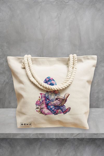 BEKZ Geanta de plaja, model The Bookish Gnome 10, 40x51 cm, Crem, BEKZ®