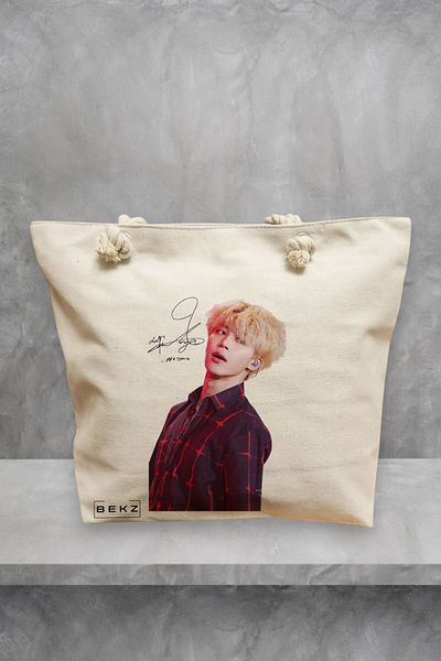 BEKZ Geanta de plaja, model BTS Jimin cu semnatura 2, 40x51 cm, Crem, BEKZ®
