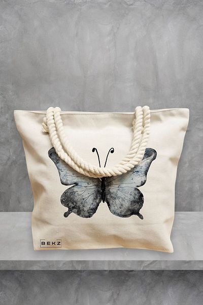 BEKZ Geanta de plaja, model Watercolor Butterfly 2, 40x51 cm, Crem, BEKZ®