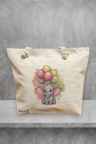 BEKZ Geanta de plaja, model Colorful Baby Elephant, 40x51 cm, Crem, BEKZ®