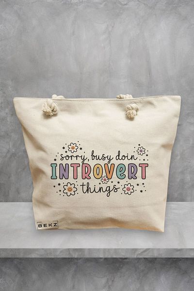 BEKZ Geanta de plaja, model Sorry busy doin Introvert things 2, 40x51 cm, Crem, BEKZ®