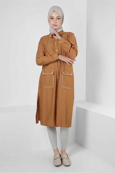 Alvina Buttoned and Pocketed Tunic - Gathered Waist 43806