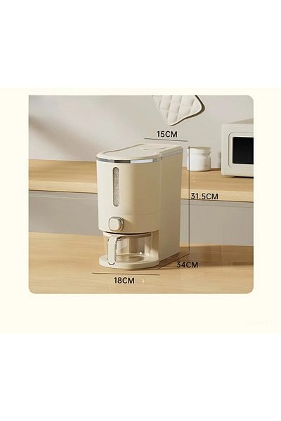 Living Plastic grain storage container, airtight, with a measuring spoon, in cream color.