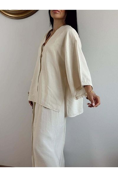 Lavanta Tekstil V Neck Single Button Kimono Pants Suit