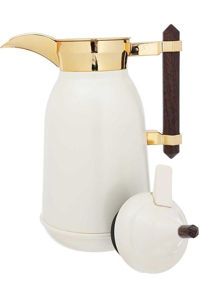 Alsaif Gallery Thermos, White, With A Gilded Font And A Wooden Handle, Two Pieces