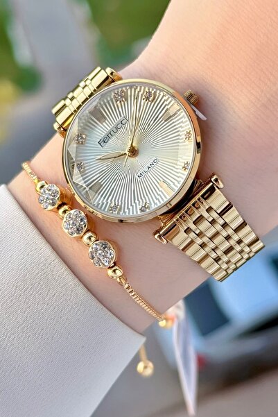 Ferrucci Gold Renk Hediye Paketli Kadın Kol Saati ve Bileklik