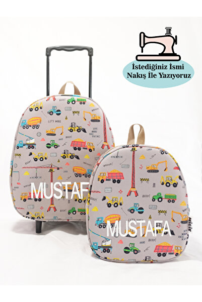 migie Kişiye Özel İsimli Çekçekli Çanta ve Sırt Çantası Anaokulu/Kreş Seti (2...