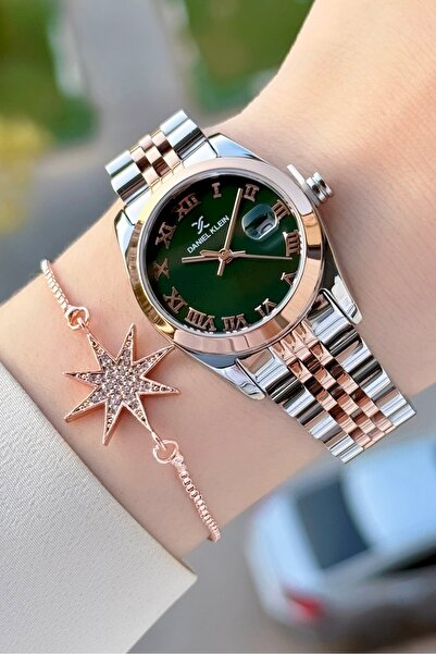 Daniel Klein Kadranı Yeşil Kordonu Rose Gümüş Renk Hediye Paketli Kadın Kol S...