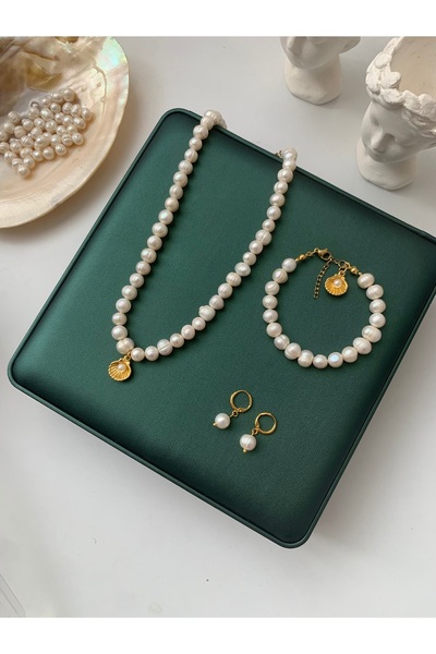 JOVİ ATELİER Sertifikalı Gerçek Doğal Beyaz Inci Kadın Bileklik Küpe Kolye Çe...