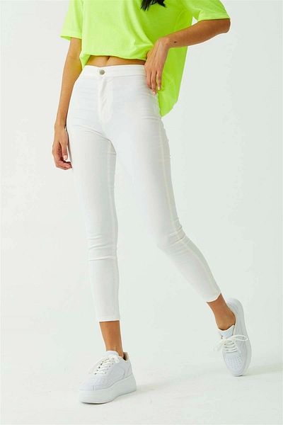 Harmony Pantaloni albi cu talie înaltă Skinny Fit Jean Lycra fără buzunare în față