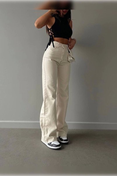Harmony Beige Premium Washed Wide Leg Jeans Ecru High-Waisted Skinny