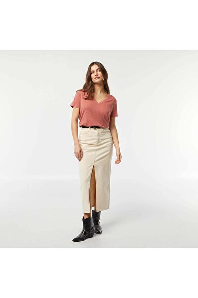 KIABI Basic linen-blend V-neck T-shirt PINK