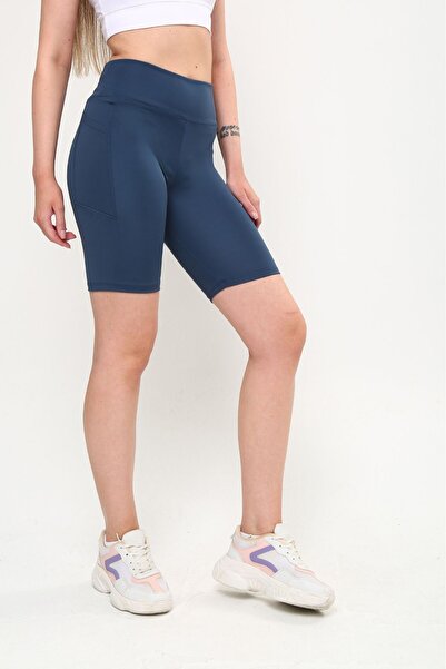 OPENDO Yüksek Bel Toparlayıcı Etki Kadın Cepli Bisikletçi Şort Tayt İndigo Mavi