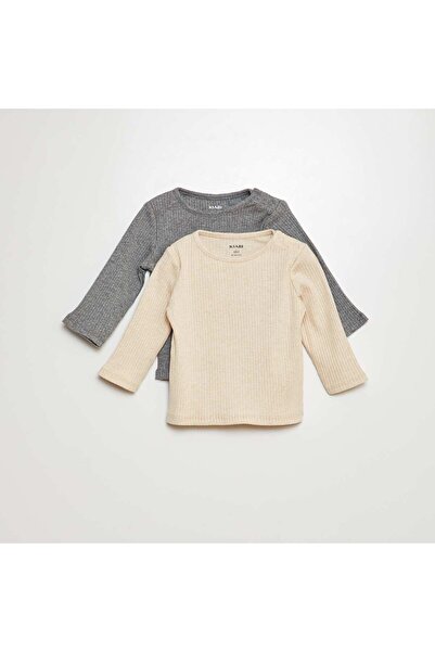 KIABI Pack of 2 plain ribbed long-sleeved T-shirts GREY