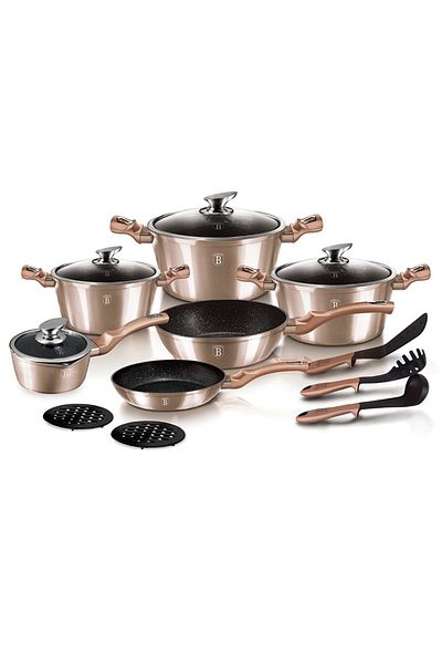 Berlinger Haus Marbled Pot Set Rose Gold Metallic Line 15 Pieces Bh 1224n