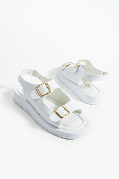 SOLDOY Women's White Double Buckle Flat Thick High Sole Slippers Sports Sandals